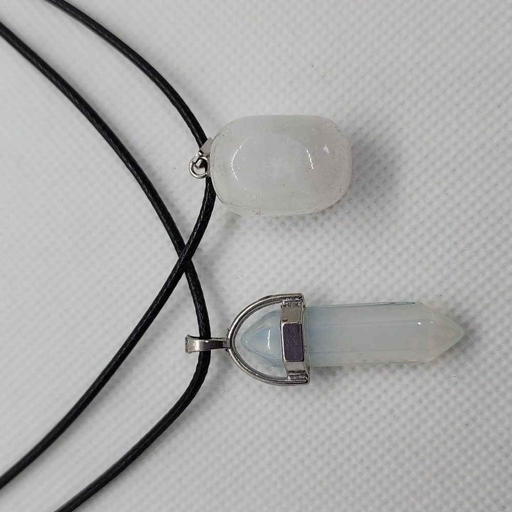 Set Of 2 Gemstones Black Leather Necklace 18" - Picture 6 of 10
